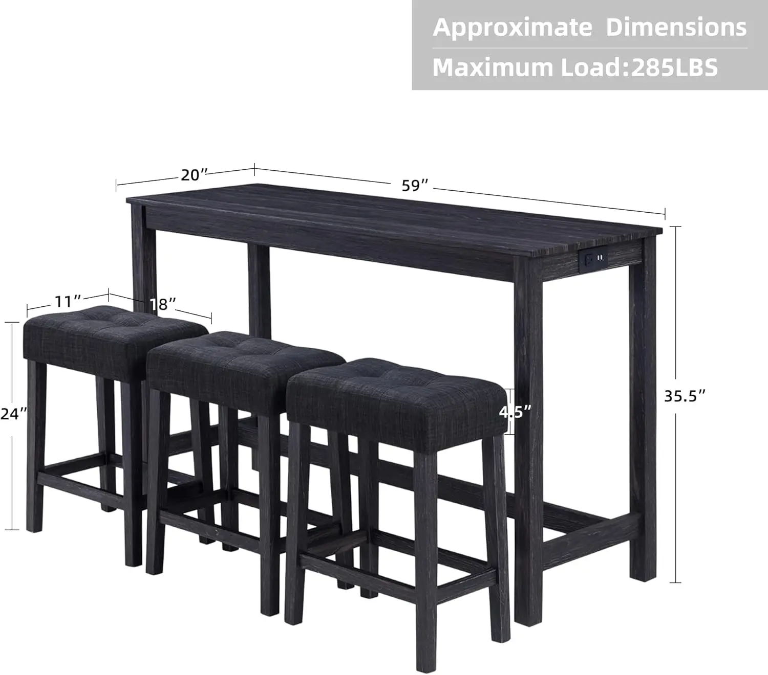 Duhome 4 Piece Bar Table Set With Power Outlet,Industrial Breakfast Table With 3 Padded Stools Solid Wood Counter Height Dining