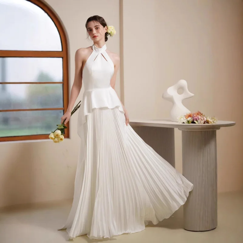 

Vintage Collar Halter Slimming Soft Satin Elegant Bridal Wedding Dress Outdoor Lawn Travel Shoot Light Veil New Style