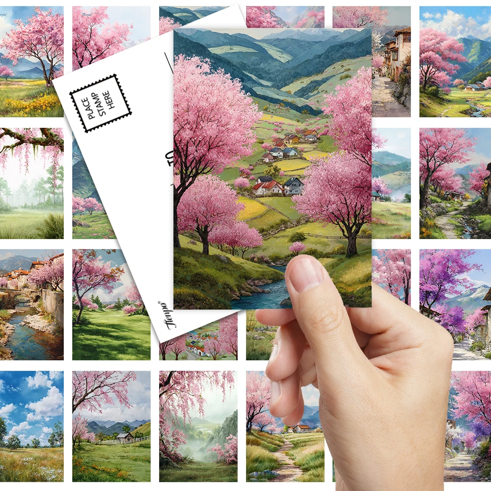 32 Stück Frühlings-Aquarell-Landschaftspostkarten, Feiertags-Grußkarten, Wohnzimmerdekoration, Studentengeschenke, dicker Karton, HD-Druck