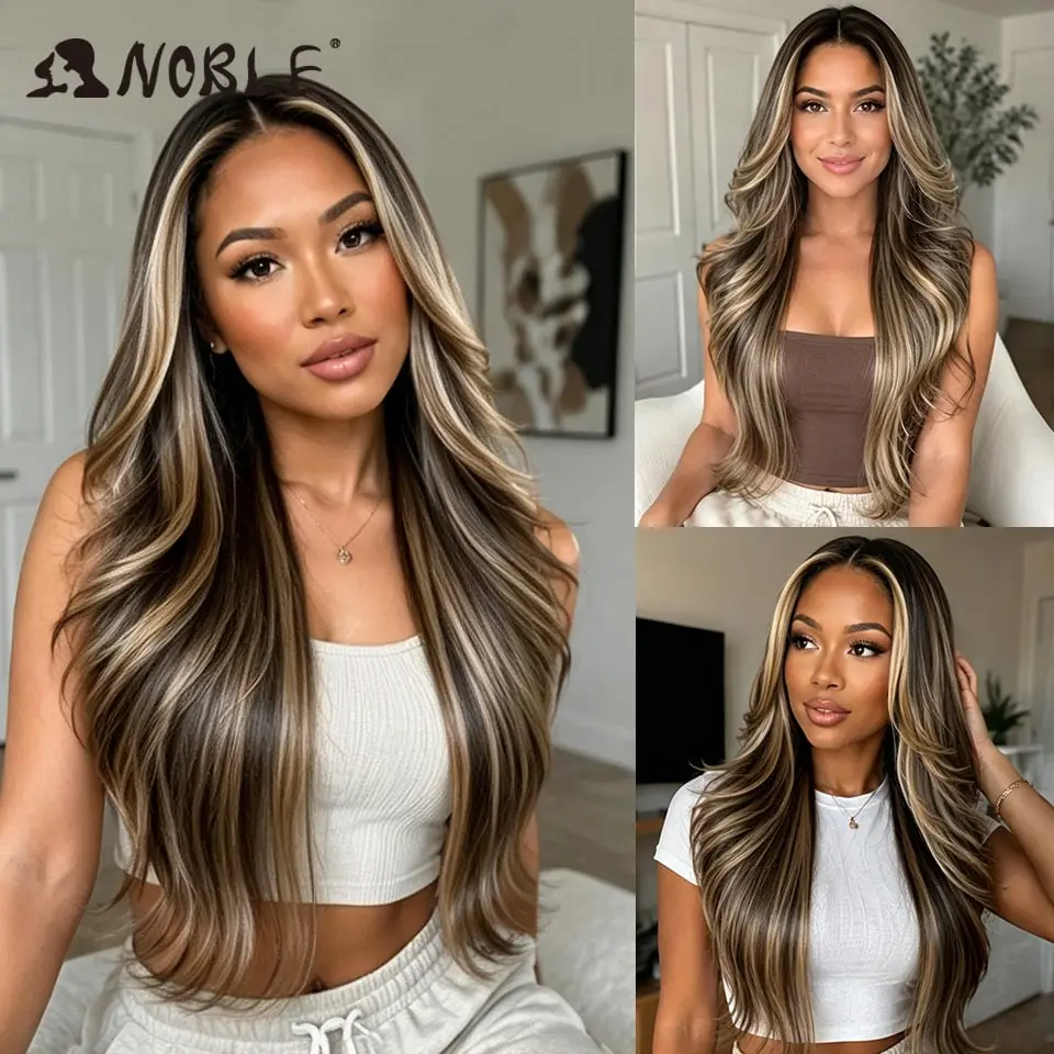 Noble 28 Zoll Synthetische Lace-Front-Perücken für schwarze Frauen, 13x4, vorgezupft, geschichtet, Ombre Braun-Blond mit Highlights, Perücken für den täglichen Gebrauch – Detail 2