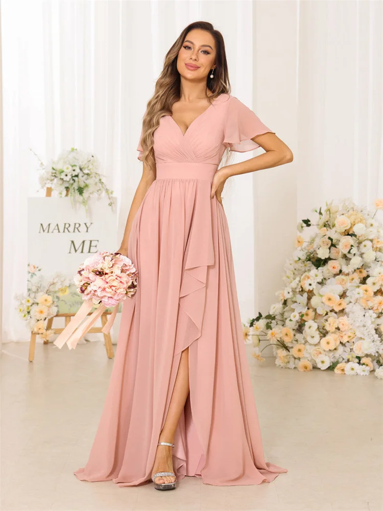 

New Product V Neckline Short Cap Sleeves Chiffon Bridesmaid Dress Elegant Open Back Zipper Side Slit Gown For Wedding Guest 2024