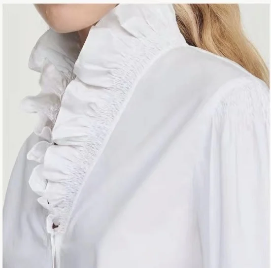 Sand* Fall Women Shirt Blouse Cotton Full Sleeve Stand Collar White Color Casual Vintage Loose Ruffles