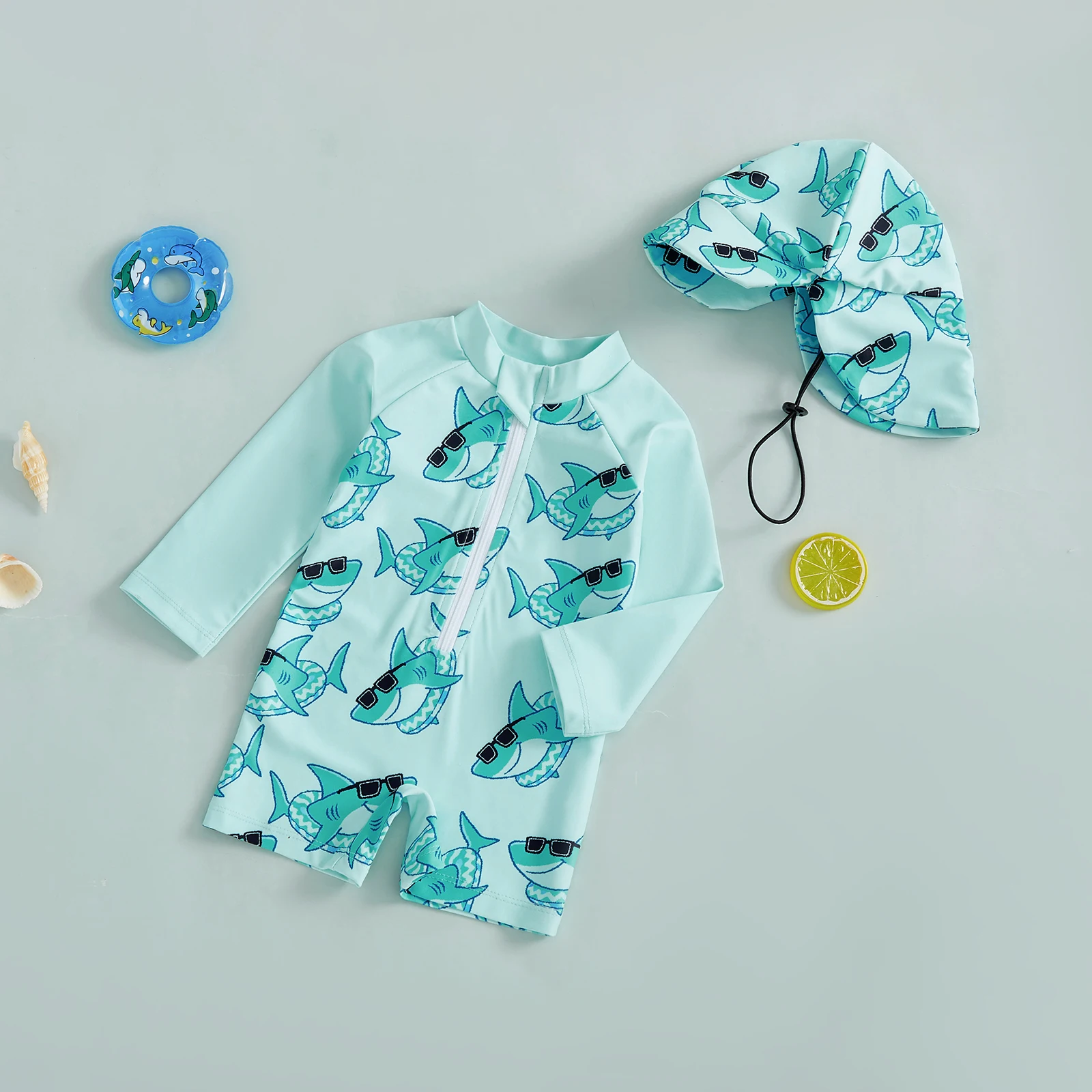 Summer Toddler Kids Baby Boys Rash Guard Swimsuits Shark Print Long Sleeve Zip Up Swimwear Bathing Suits with Sun Cap