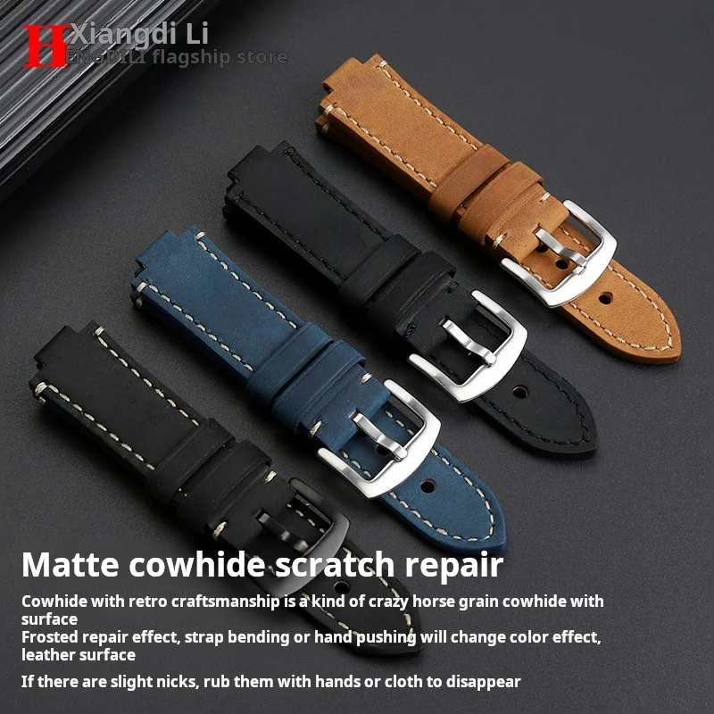 سوار ساعة من جلد البقر الأصلي للرجال ، محدب لـ ORIS AQUIS ، أربطة معصم عتيقة ، بني وأزرق ، من من 24x12mm