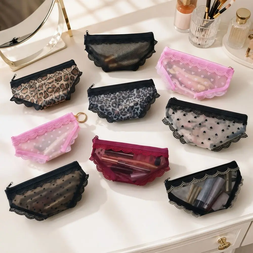 Creativity Briefs Shape Cosmetic Bag Lace Heart Mesh Makeup Storage Pouch Transparent Y2K Toiletry Bag Storage for Travel