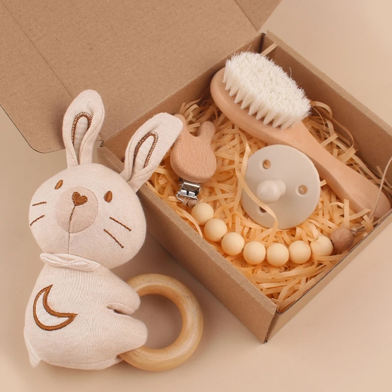 

4pcs Newborn Silicone Pacifier Set Plush Animal Rattles Pacifier Clip Chain Newborn Wooden Brush Soothing Toy Baby Birth Gift