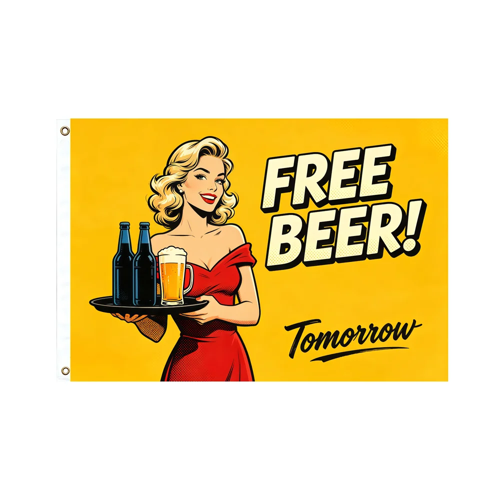 Free Beer Flag 2x3ft 3x5ft Retro Vintage Woman Red Dress Holding Tray Bar Banner Funny Party Man Cave Outdoor Wall Hanging Decor
