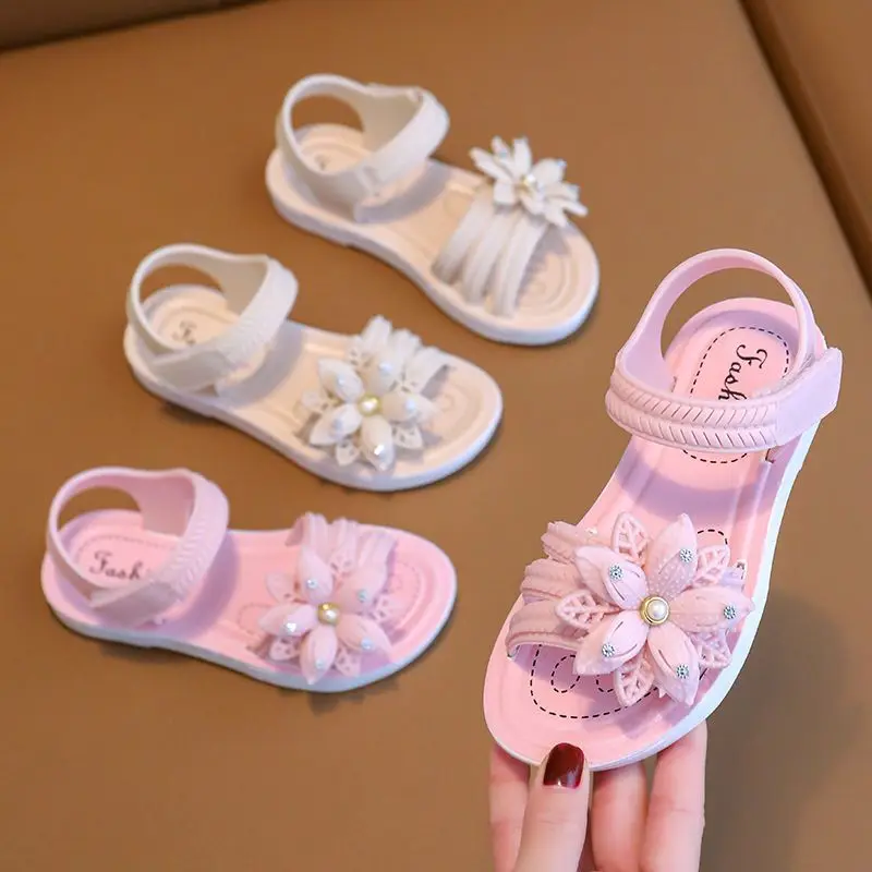 Trendy Cute Solid Color Flower Decor Open Toe Sandals For Girls, Breathable Lightweight Sandals For Indoor Outdoor Beach