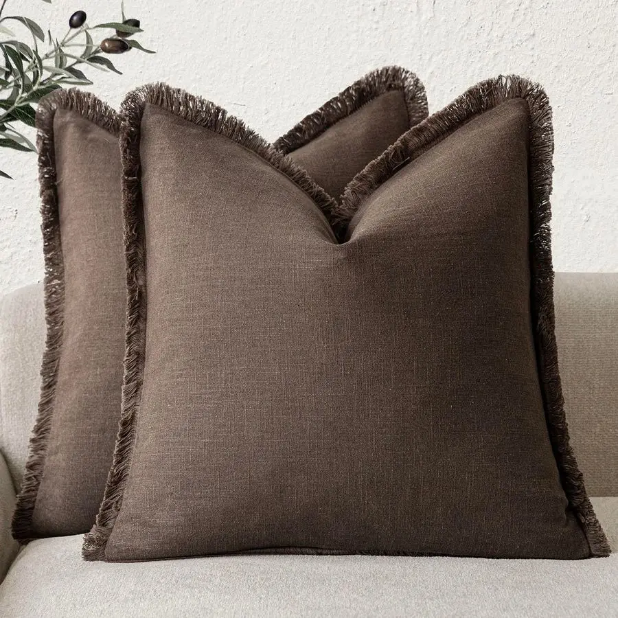 

Set of 2 Decorative Linen Fringe Throw Pillow Covers Boho Farmhouse Cushion Cover with Tassels Soft Accent Pillowcase for Couch