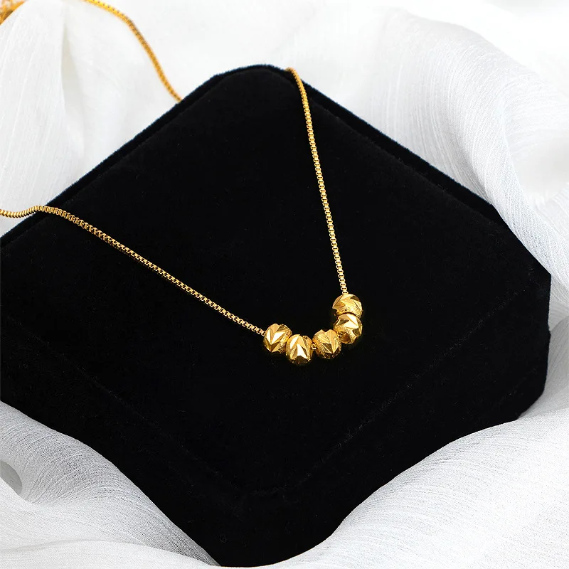 18k Yellow Gold color 5 Lucky Beads Pendant Necklace for Women Neck Chain Wedding Birthday Valentine's Day Fashion Jewelry Gift