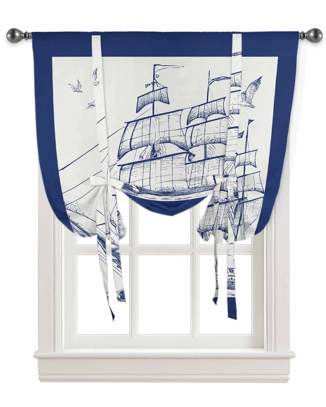 Vintage Sailing Ship Seagull Window Curtain for Living Room Home Decor Blinds Drapes Kitchen Tie-up Short Curtains