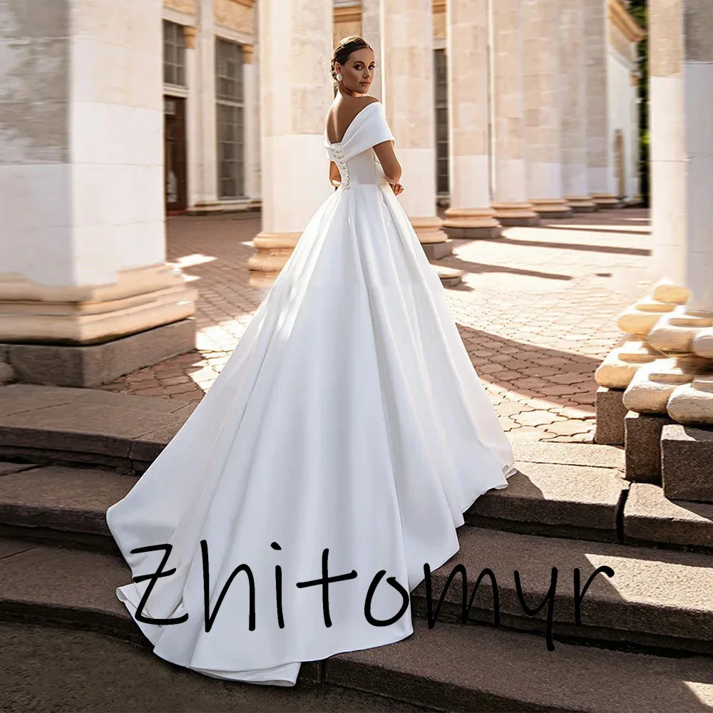 Personalizado elegante 2024 fora do ombro vestido de casamento simples cetim a linha feito sob encomenda vestido de festa de casamento espartilho vestido de noiva