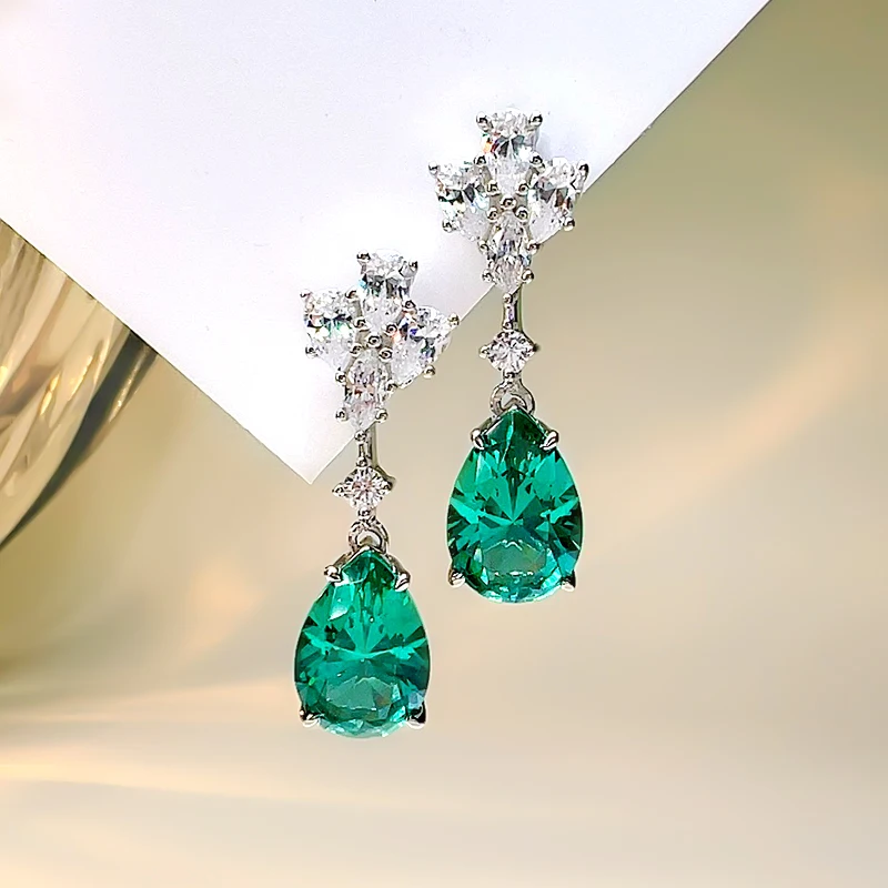 Fashion Versatile 925 Sterling Silver Droplet Earrings Inlaid with High Carbon Diamonds Grandmother Green Junior High