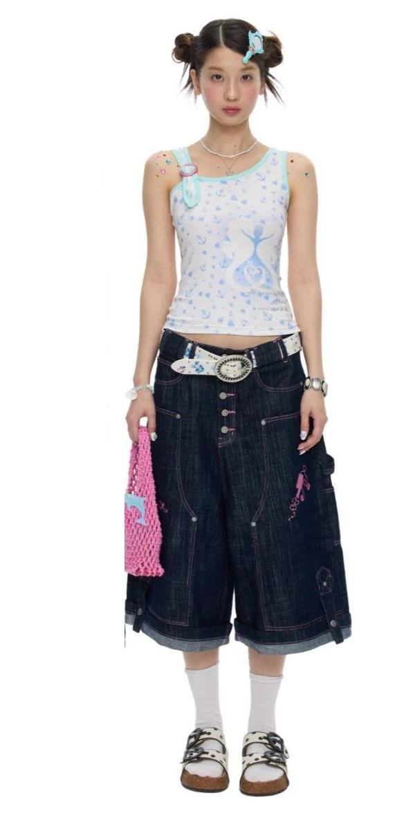 American retro pink stitching original cowhide workman's denim mid-length shorts women summer high street slimming pants Y2K