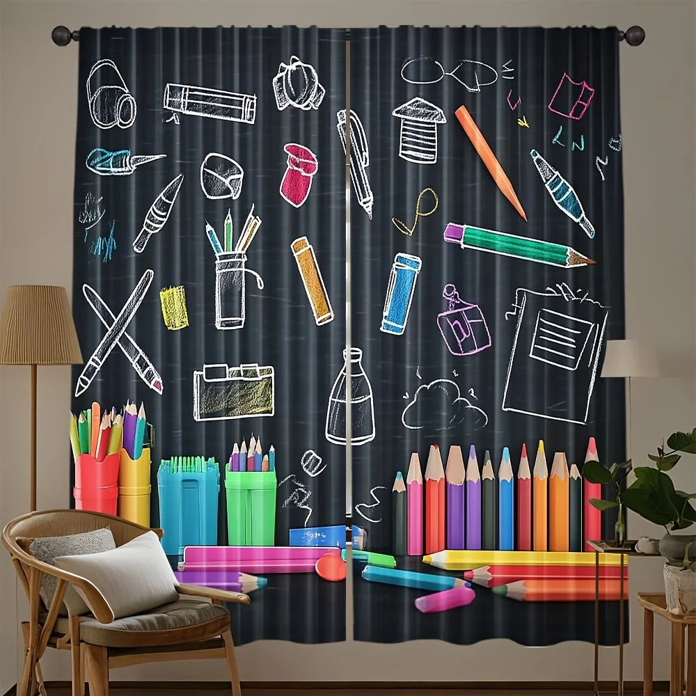 Colorful Stationery Chalkboard Curtain 2 Panels Crayon Pencil Marker Blackboard Background Master Bedroom Curtain Study Kids