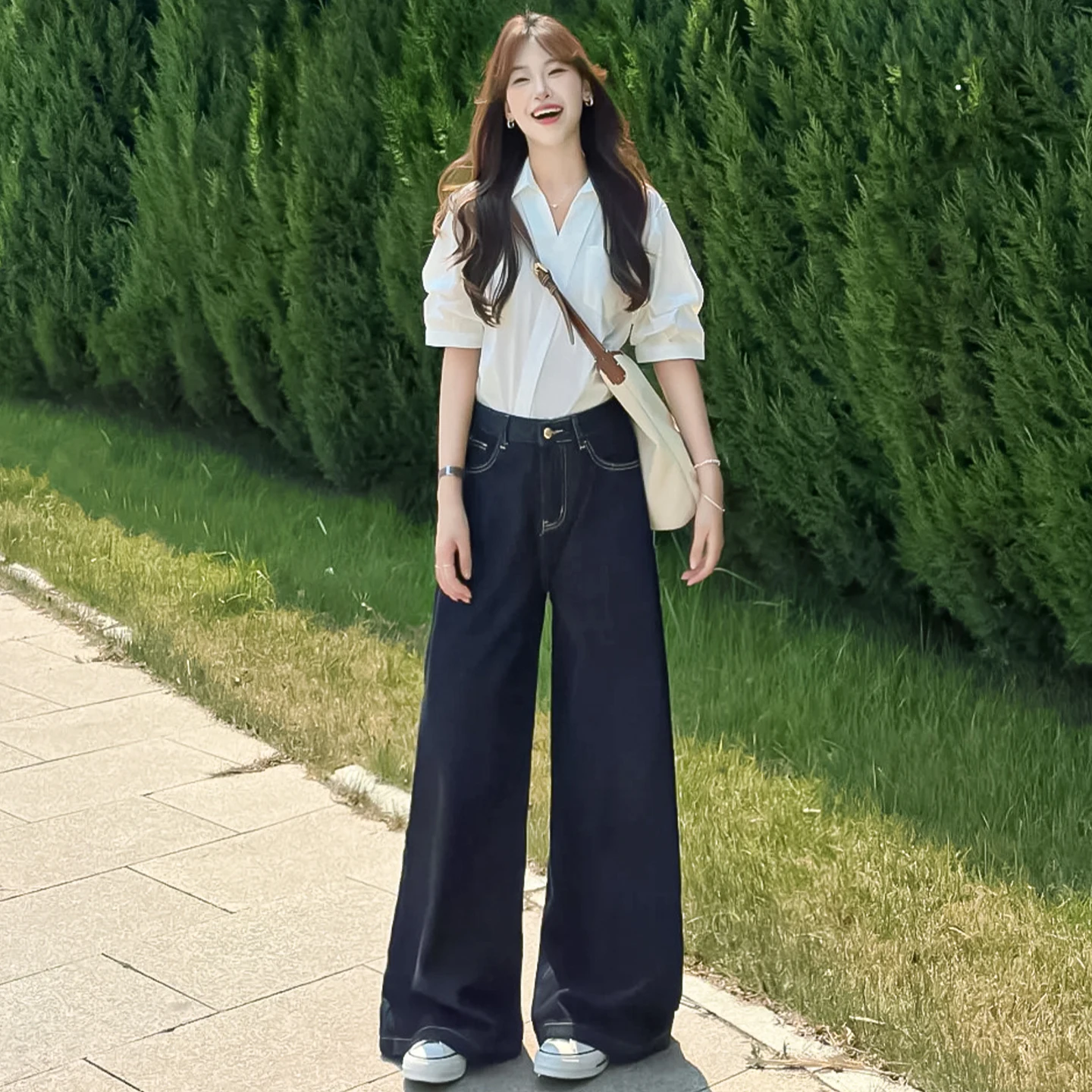 

Синие джинсы с высокой талией и широкими штанинами, женские свободные брюки для похудения длиной до пола, драпированные брюки прямого кроя для грушевого тела