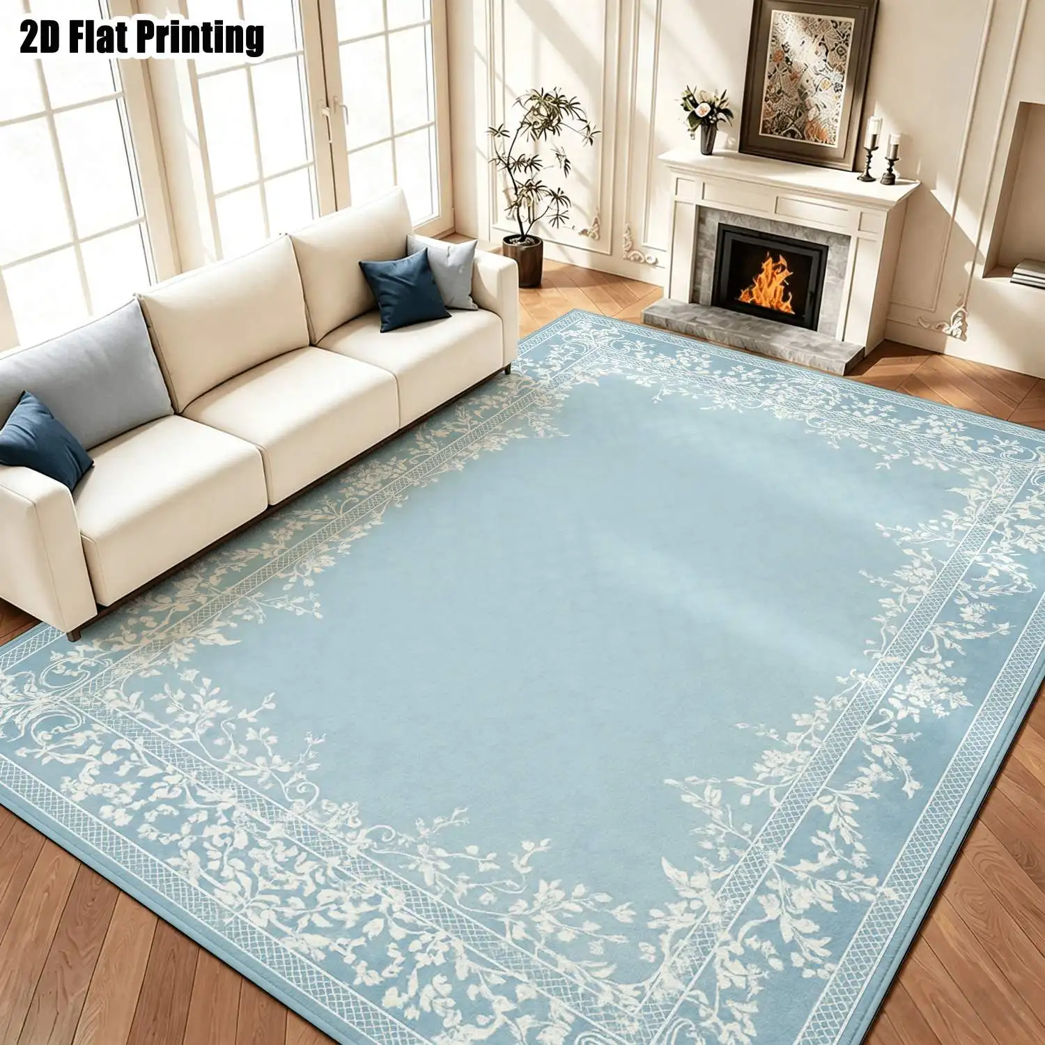 1Pc 2D Printed Light Blue-White Floral Border Carpet European/Modern Minimalist/Instagram Style, Home Decor, Multi-Size, Machine Washable, Suitable for Entrance, Dining, Foyer, Bedroom, Study, Living Room.