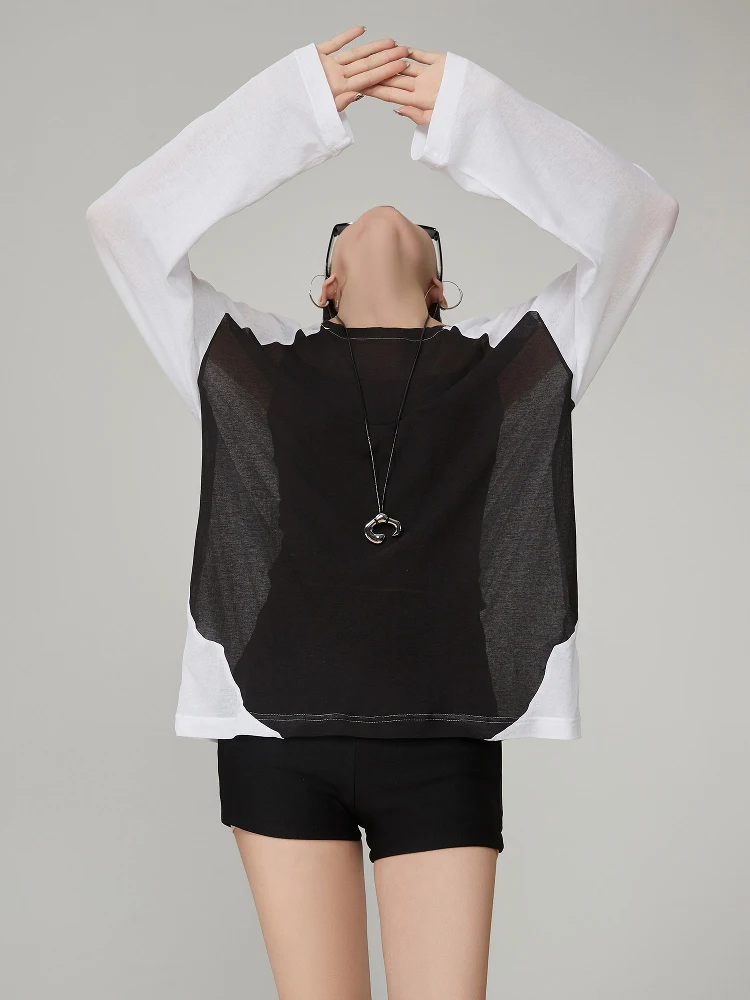 

Summer New Loose Women's Long Sve T-irt Casual Thin Sun Protection irt Creative Pattern Polyester Fabric round Ne