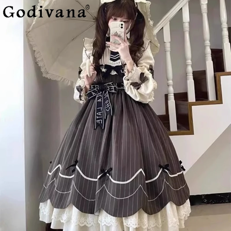 رائع الحلو لوليتا اليومية OP فستان أنثى لطيف أنيق لوليتا فستان الأميرة المرأة ربيع الخريف طويلة الأكمام القوس فستان