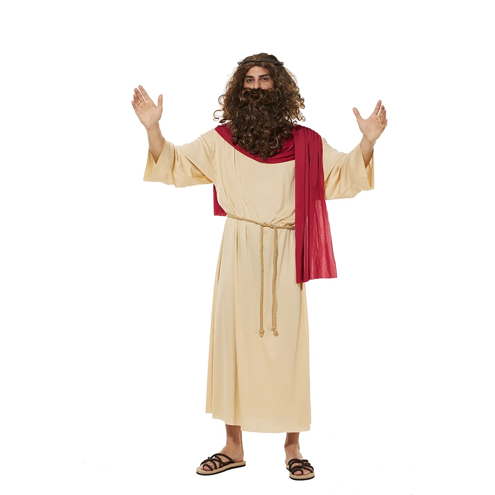 Adult Jesus Halloween Costume Men's Biblical Religious Saint Robe with Wig Suit