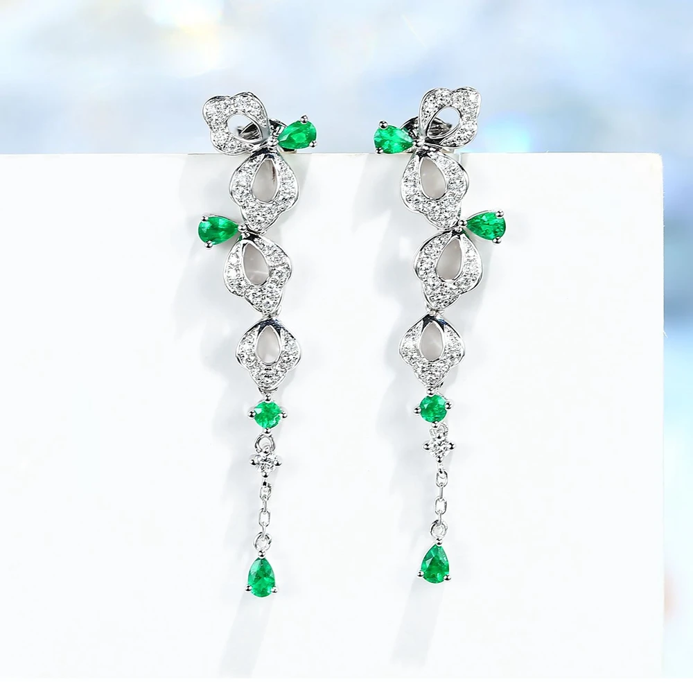 Shuno Genuine Emerald Solid 18k White Gold Stud Earrings Women Real Diamonds Exquisite Long Earrings Classical Valentine's Day