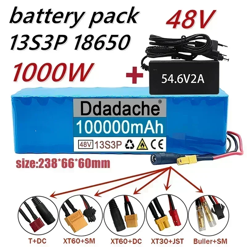 

Free shipping for 48V 100000mAh 13S3P 48V lithium-ion battery pack, suitable for 54.6V scooters, and 54.6V chargers with BMS