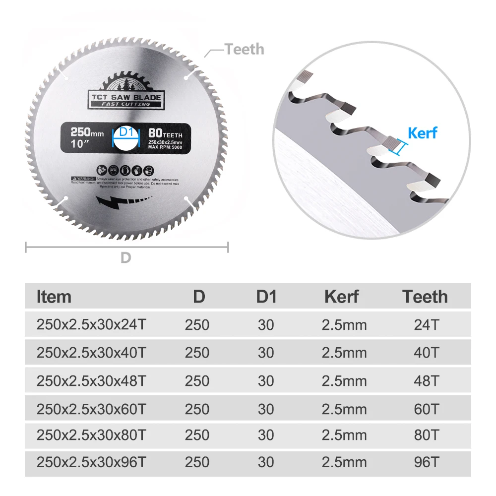 XCAN-hoja de sierra Circular de 10 ", 250mm, hoja de sierra de carburo TCT, disco de corte de madera de 30mm, herramientas de corte 40/48/60/80T