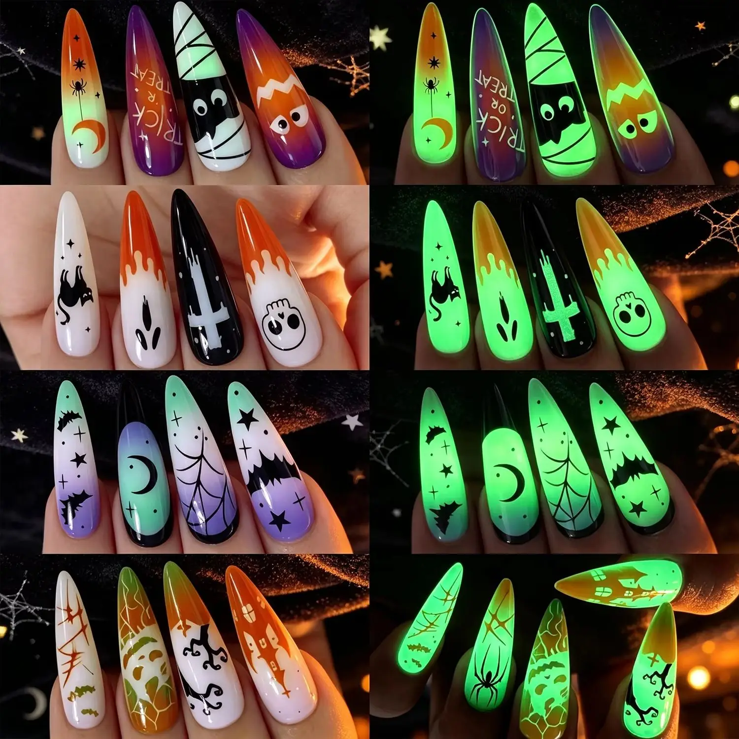 96PCS Ghost Pumpkin Spider Skull Bat Fake Nails Halloween Stiletto Press On False Nails Luminous Glow In The Dark DIY Manicure *