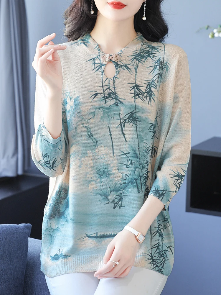 

Chinese Style Print Summer Knitted T Shirt Women Sweater Pullovers Clothes For Women Tees Top Half Sleeve Women's T-shirt