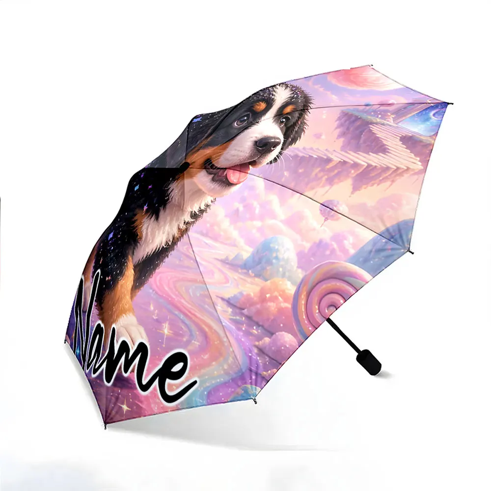 Custom Name Umbrella Sparkly Bernese Mountain Dog Puppy Pastel Sky 8 Iron Ribs Folding Umbrella Auto-Open Fashion Sunshade - view 3