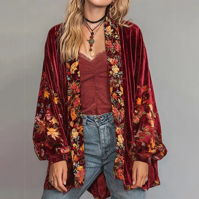 

Women Velvet Cardigan Spring Autumn Boho Ethnic Style Floral Printed Jackets Vintage Open Front Long Sleeve Tops Coat 2025