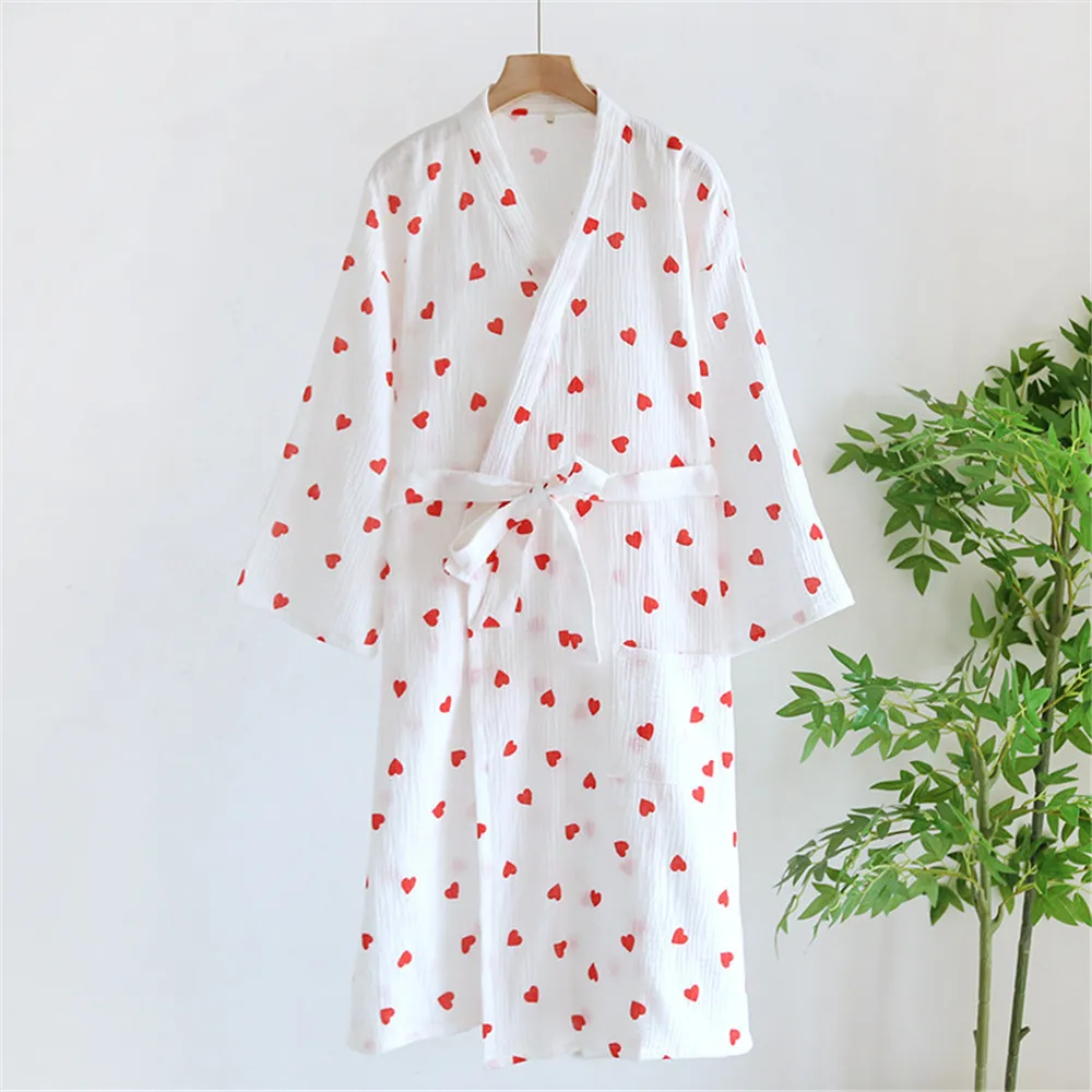 

Cotton Fashion Love Heart Printed White Kimono Bathrobe for Spring Summer Thin Home Wear Absorbent Quick Drying Sleeping Robe