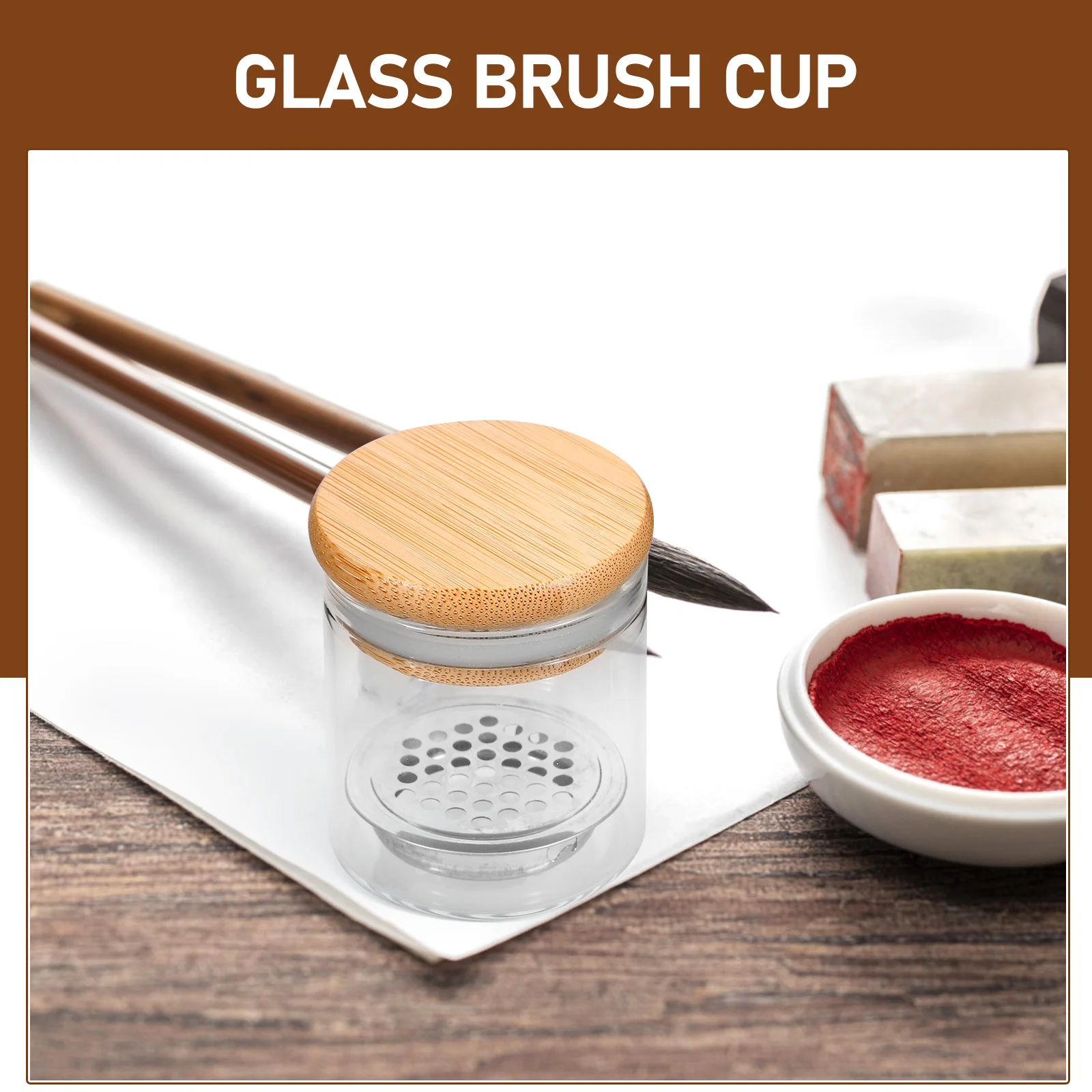 

Glass Nail Art Dish Cup for Acrylic Manicure Brush Holder Large Capacity Glitter Decor with Wood Base Stable Wash Container
