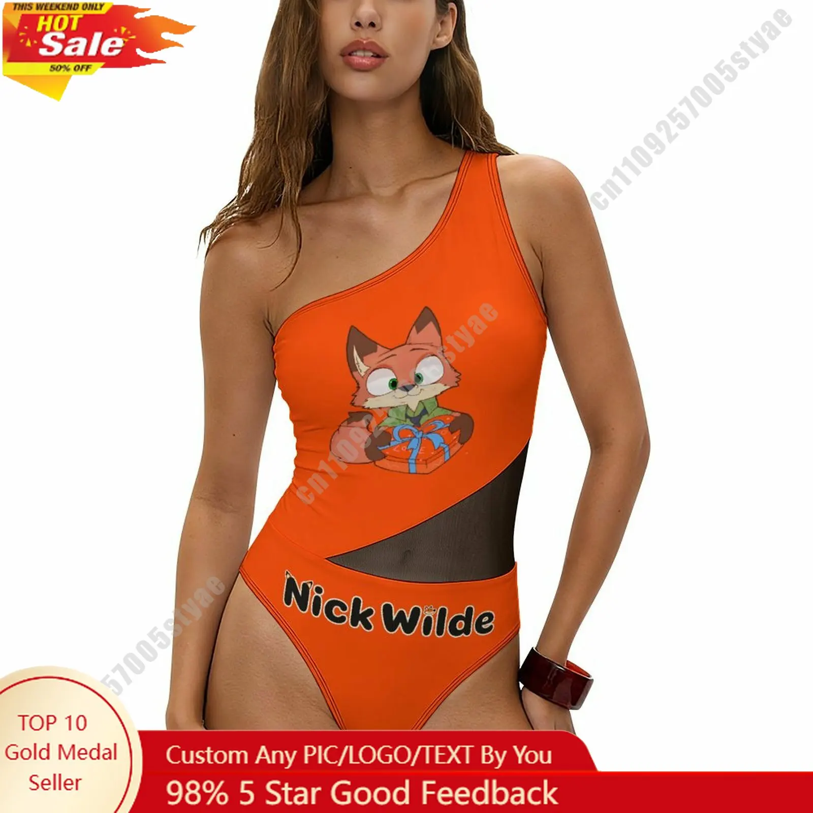 

Nick Wilde Swimwear Disney Cartoon Women Mesh One Piece Swimsuit Summer Fashion Beachwear Tummy Control One Shoulder Swimsuit