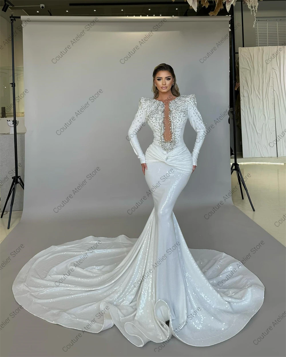 Newfangled Mermaid Wedding Dresses Luxury 2025 Long Sleeves Beaded Rhinestones Pleat Engagement Gowns robe de mariée Customized