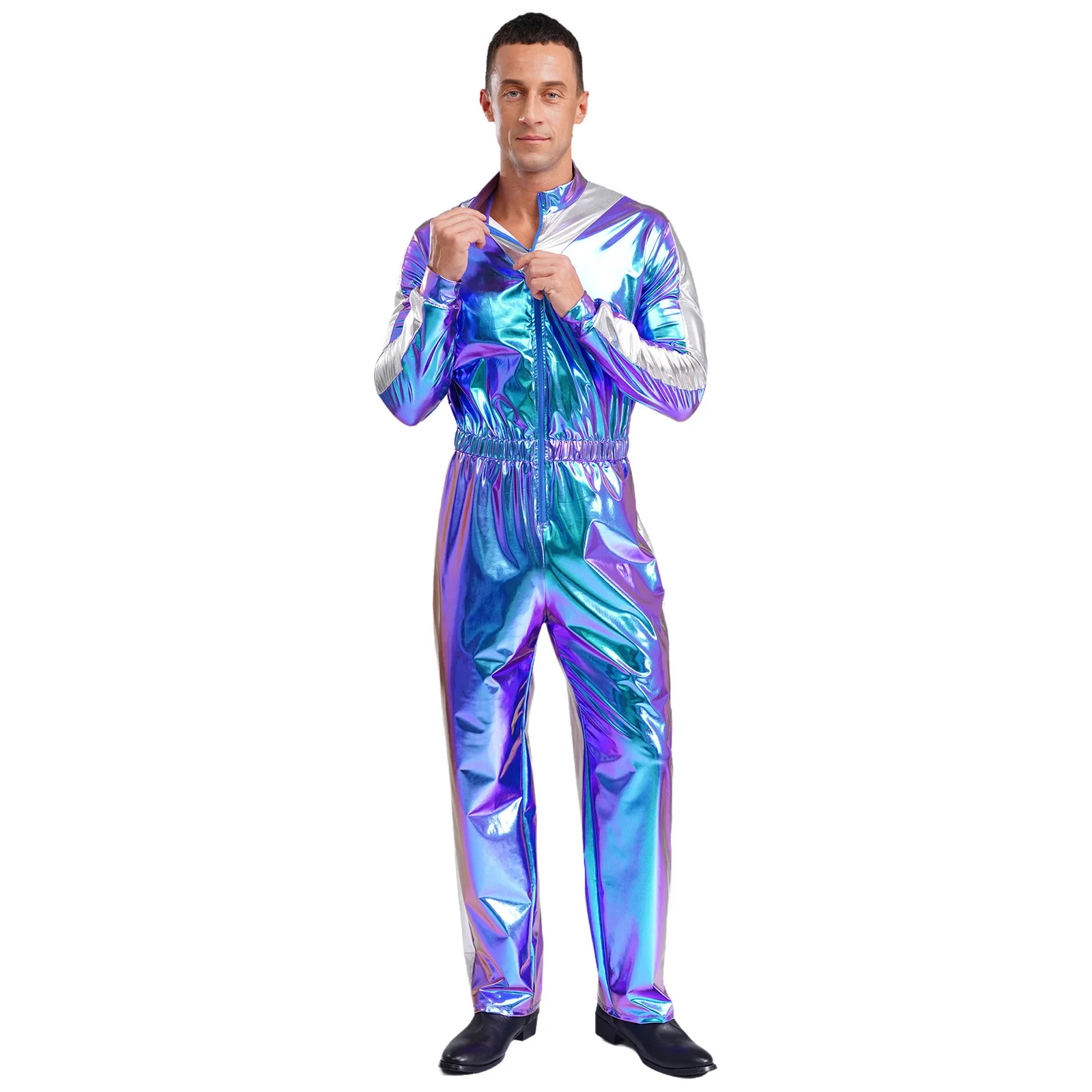 بدلة قفز رجالية لامعة لامعة بأكمام طويلة وخصر مرن وكتلة ألوان بذلة طويلة ملابس كاجوال عصرية ملابس الحفلات والنوادي #2