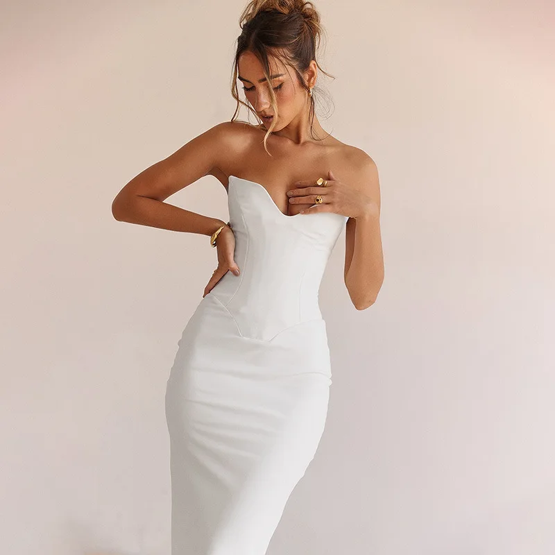 New Fashion Tube Top Dress European and American Style Slim Solid Color Fishbone Tube Top Fishtail Dress