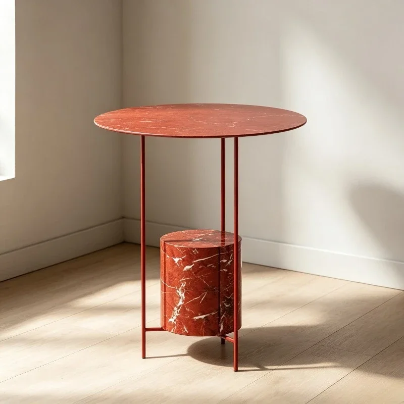 Modern Minimalist Round Coffee Table Color Metal Tabletop Marble Drum Base Slim Iron Frame Bedroom Sofa Corner Decor