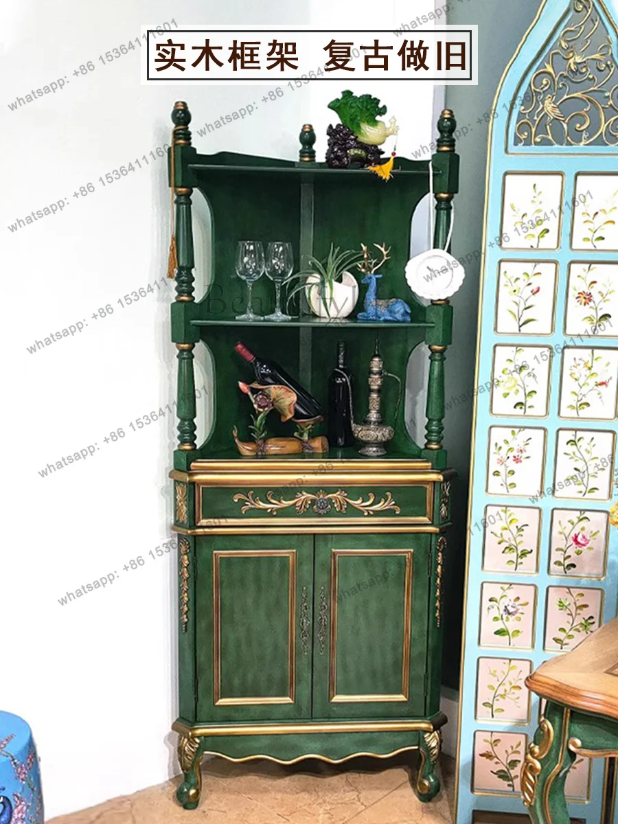 American corner cabinet living room rack solid wood retro storage wine cabinet furniture