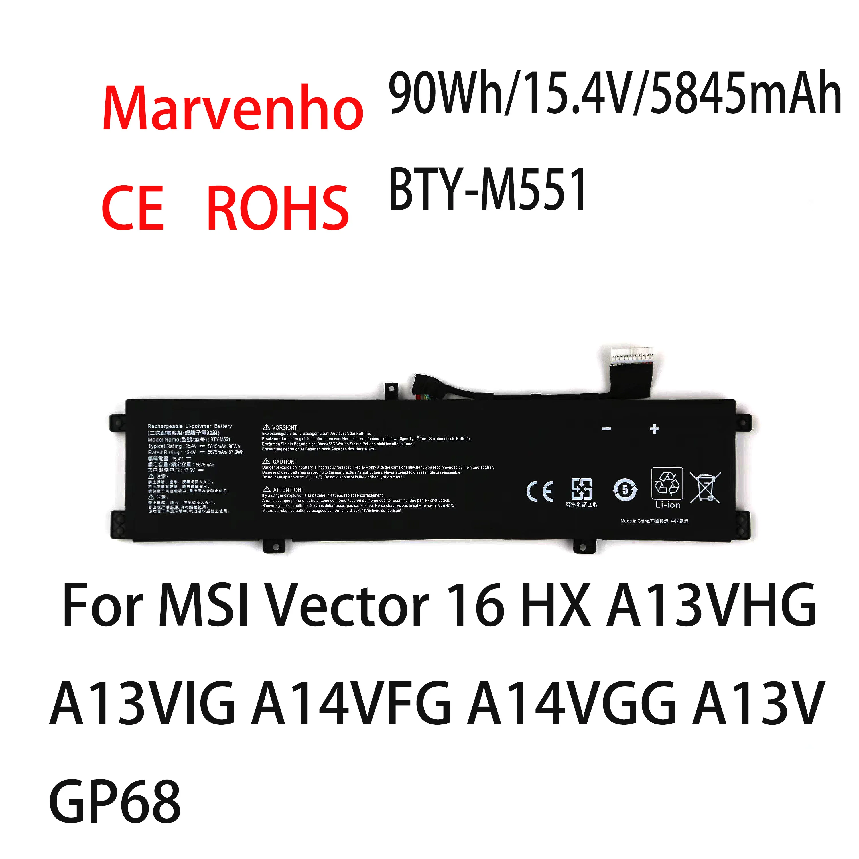New Marvenho 90Wh 15.4V 5845mAh BTY-M551 Laptop Battery For MSI Vector 16 HX A13VHG A13VIG A14VFG A14VGG A13V GP68