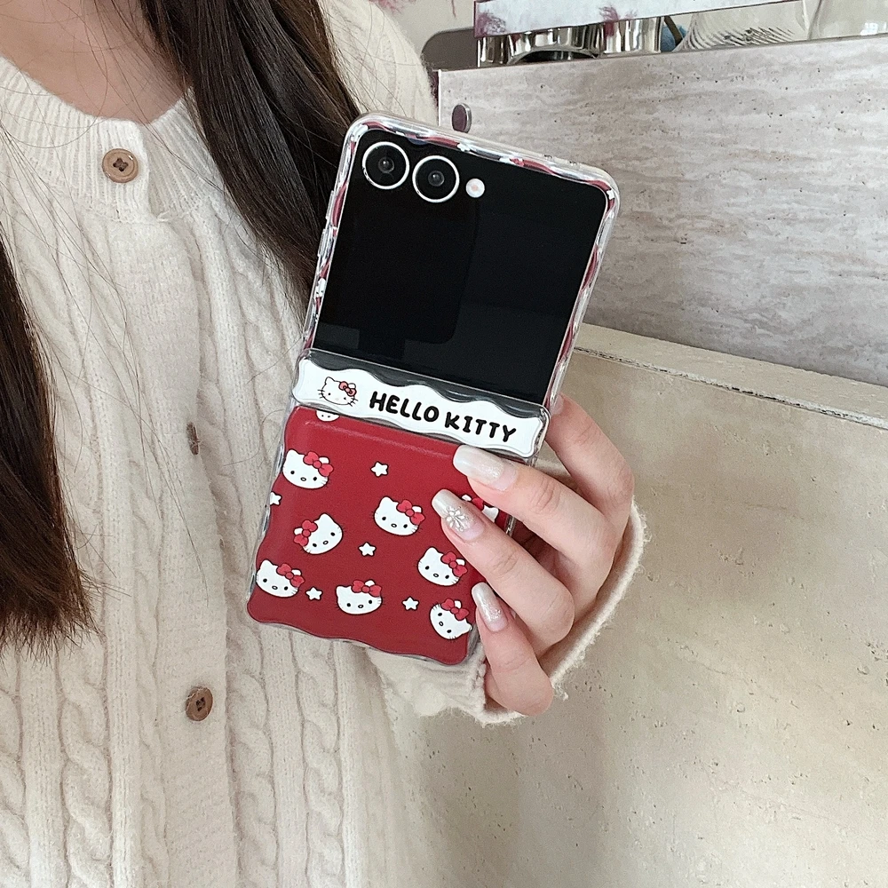 Cute Cartoon Sanrio Hello Kitty Phone Case For Samsung Galaxy Z Flip 7 Case Wavy edge Hard TPU Cover With Lanyard view 5