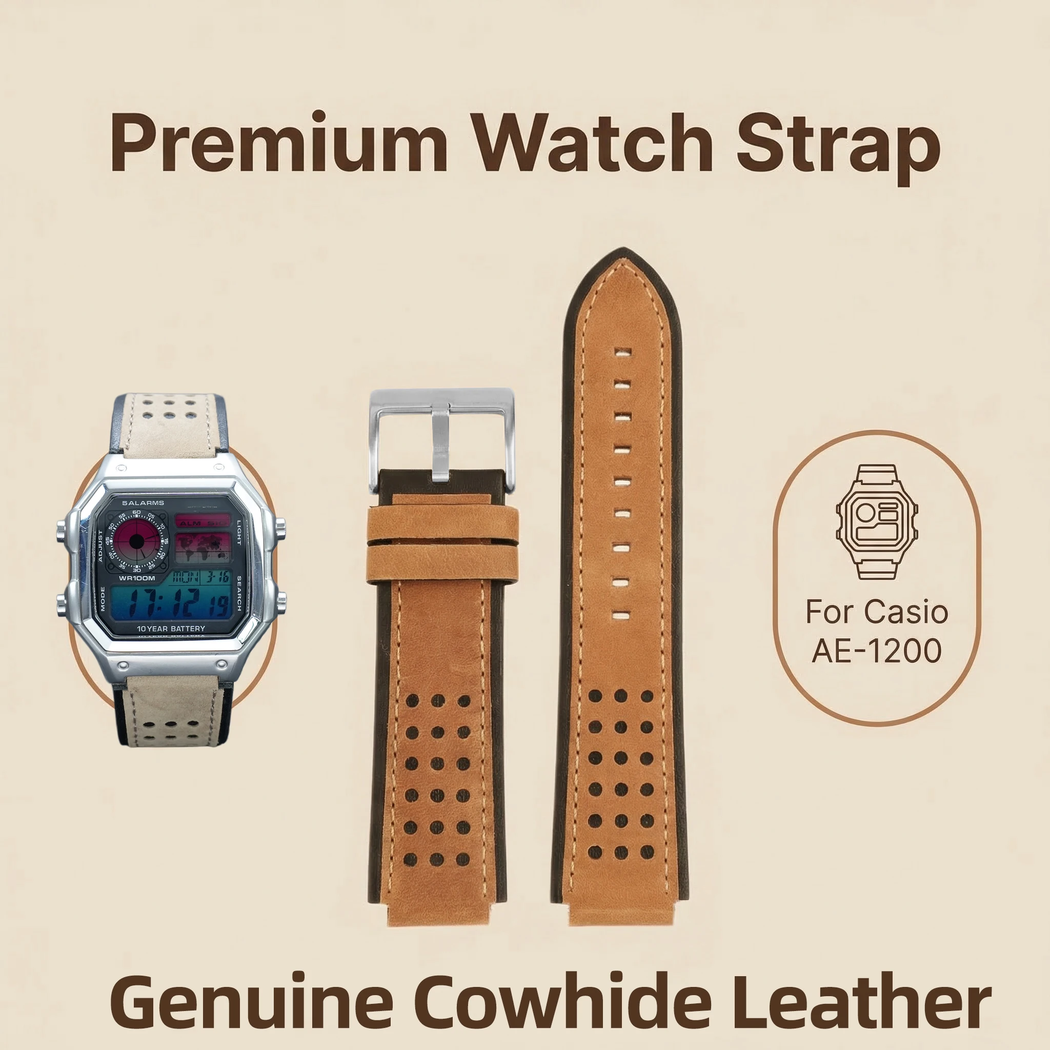 AE1200 Retro Matte Leather Watch Strap For Casio AE-1200WH AE-1300 Cowhide Leather Watch Band for Men Convex 18mm Wristband Soft