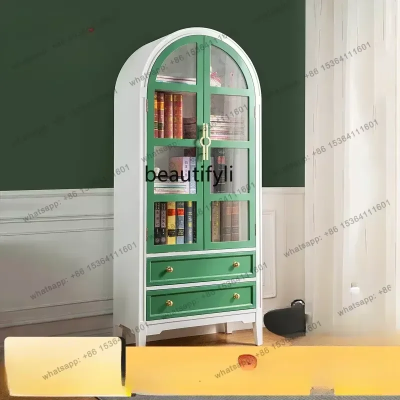 Factory Direct American Solid Wood Bookcase Storage Bookshelf Arched Glass Door Locker French Display Cabinet