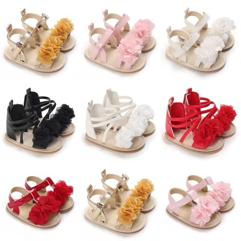 Summer 0-18M Infant Fashion Shoes Preschool Flat Sandals Soft Rubber Sole Anti slip Flower Lace Baby Bed Step 1 Walking Shoes