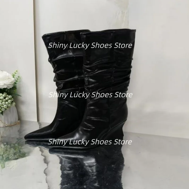 

Женские плиссированные туфли на танкетке с острым носком, женские швейные линии, однотонные женские полусапоги из искусственной кожи, Zapatos De Mujer