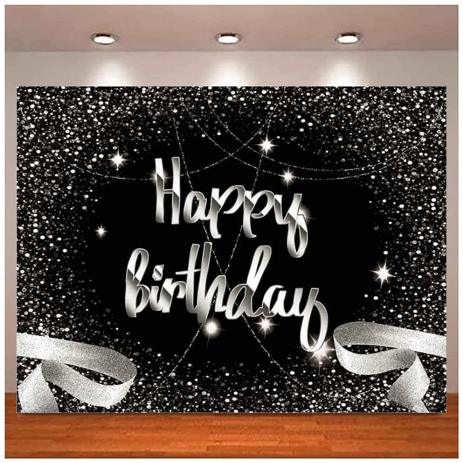 Silver And Black Happy Birthday Photography Backdrop Men Women Glitter Bokeh Milestone Background Bday 30th 40th 50th Decor