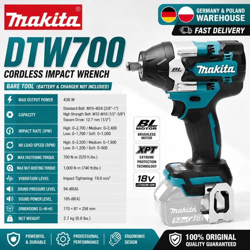 Original Makita DTW700 Akku-Schlagschrauber 18V Bürstenloser Motor 700Nm Hochdrehmoment Elektrische Schlagschrauberpistole Variable Geschwindigkeit Auto-Stopp 1/2 Zoll Antrieb Kompatibel mit Makita