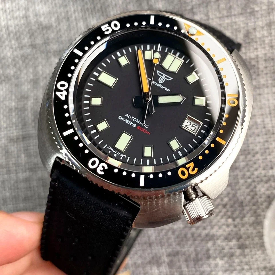 

20ATM Дайвинг Tandorio 44 мм NH35A Мужские механические часы с автоматическим механизмом C3 Стрелки Сапфировое стекло Светящийся безель для дайвинга на 120 щелчков