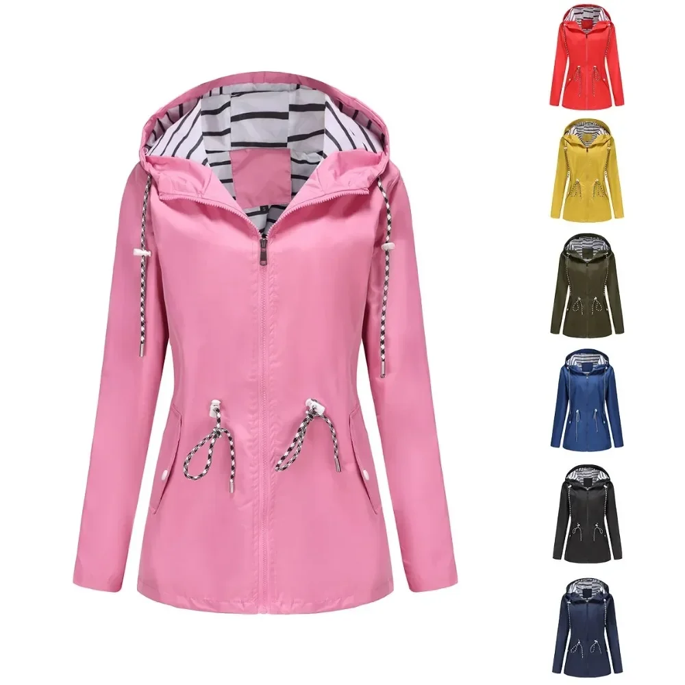 

Ladies Long Sleeve Waterproof Long Windbreaker Women Hooded Striped Green Raincoat Large Size Hooded Outerwear Trench Coat S-5XL