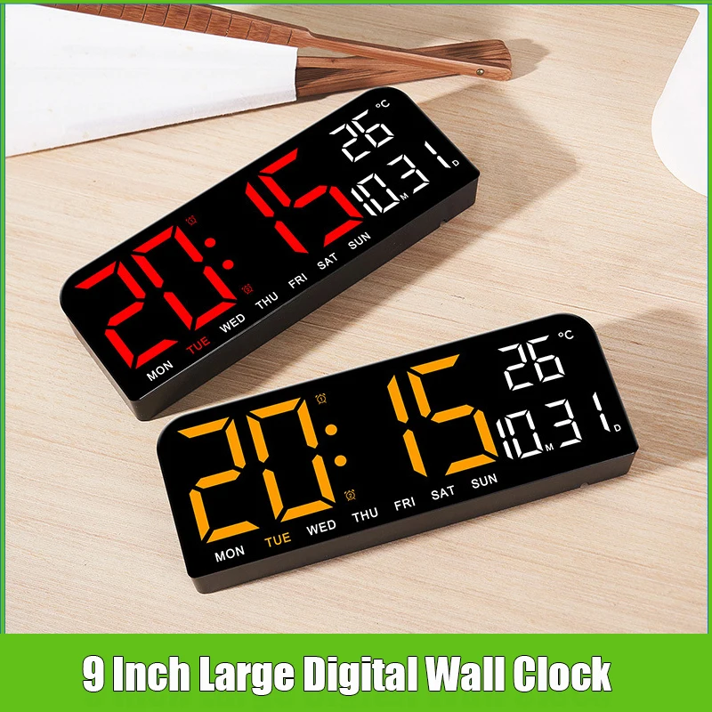 9 Inch Digital Wall Clock Temperature Date Week Timing Countdown Brightness Adjustment Dual Alarms 12/24H LED Alarm Clock